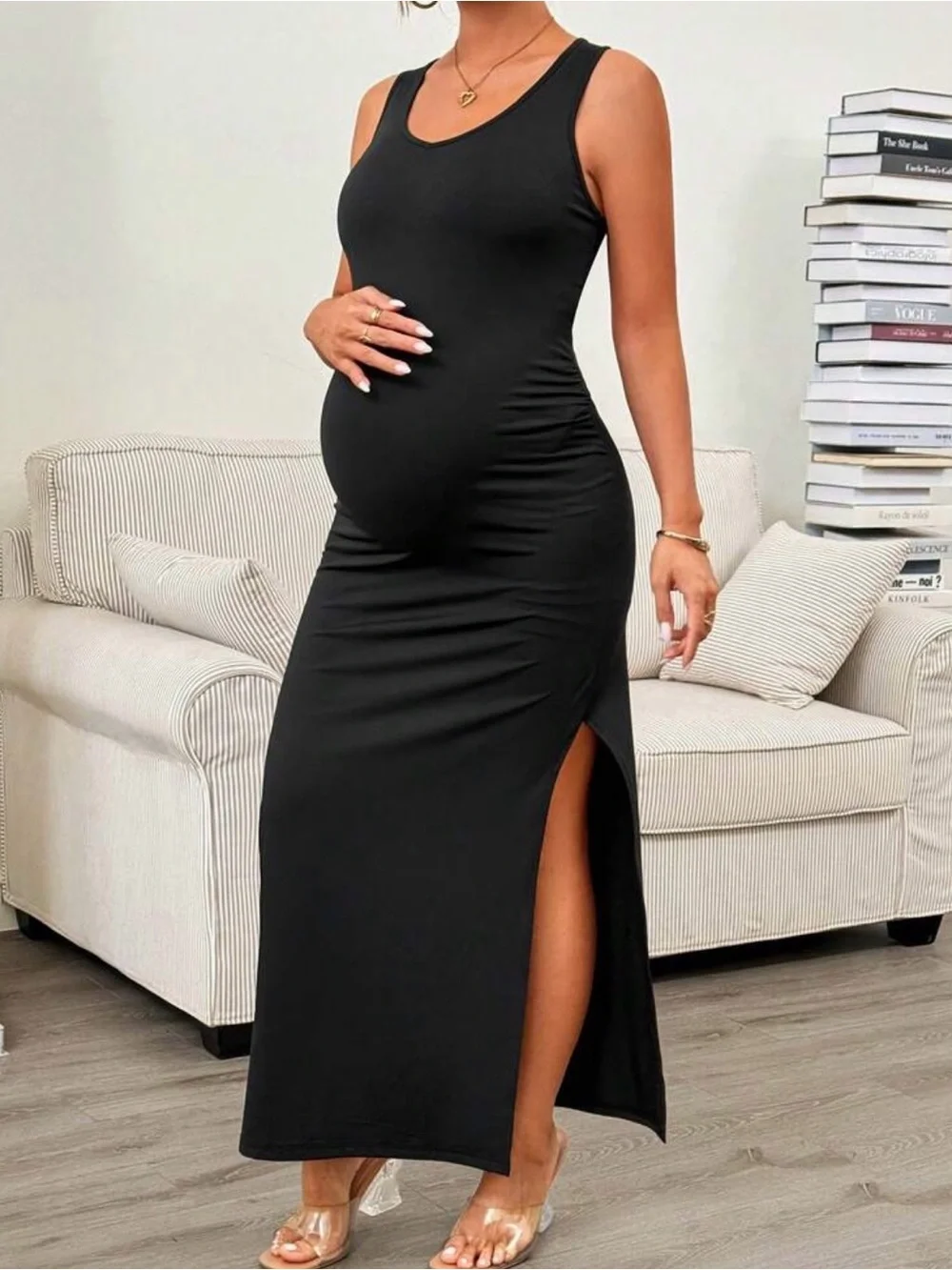 SHEIN Maternity Black Round Neck Side Slit Hem Criss Cross Tank Top Maxi Dress